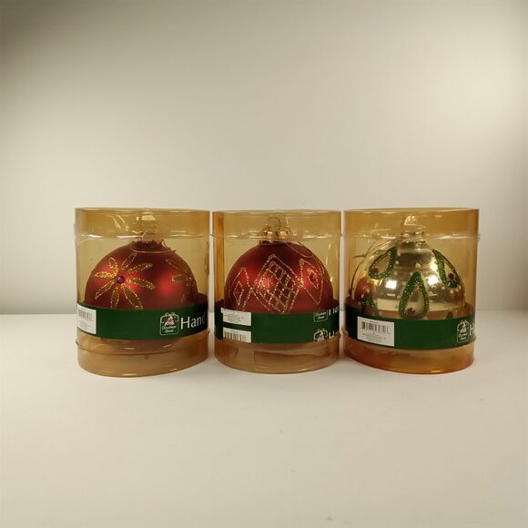 3 Christmas House Hand Painted Holiday Ball Ornaments w/ Glitter: 2 Red & 1 Gold - Picture 3 of 6